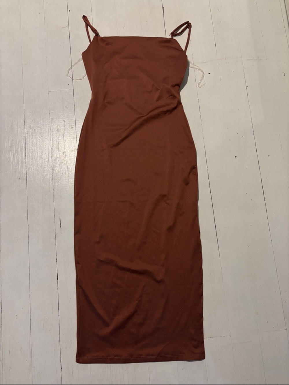 Sleek mauve/brown Slip Dress with Spaghetti Straps and strappy back